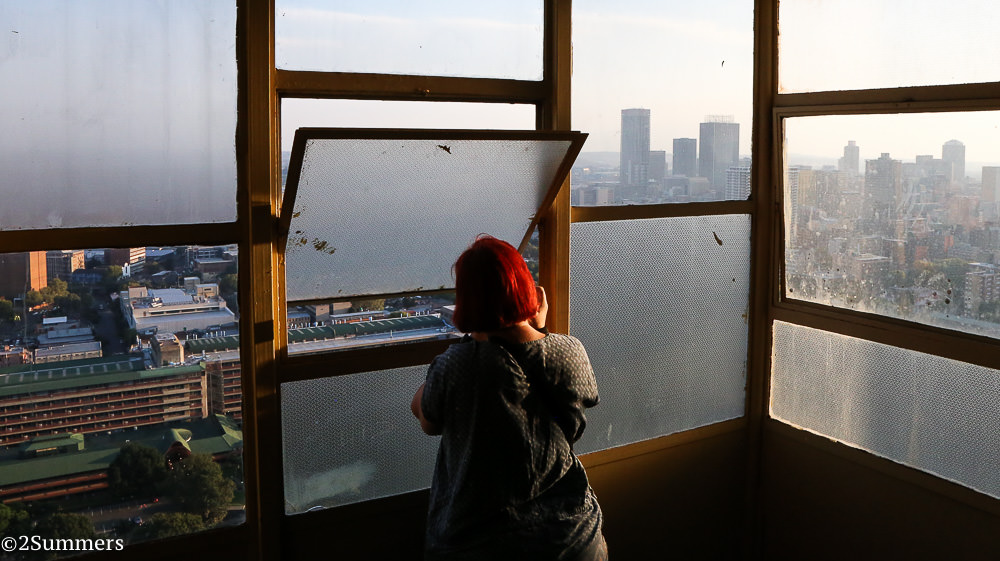 Fiver takes photos from the stairwell of the Tygerberg Building.