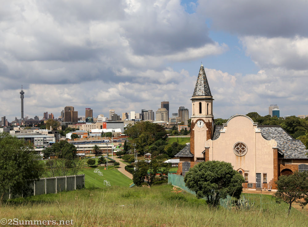 Cottesloe Dutch Reformed Church and the Joburg skyline