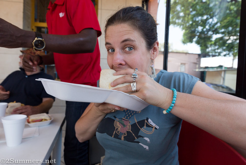 Heather eating a sly vat vat