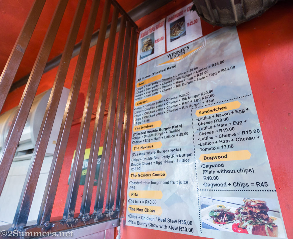 Kota menu at Winnie’s Tuckshop