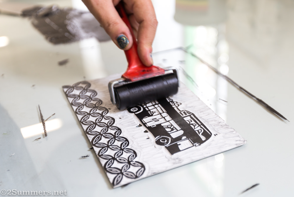 A lino plate ready for printing