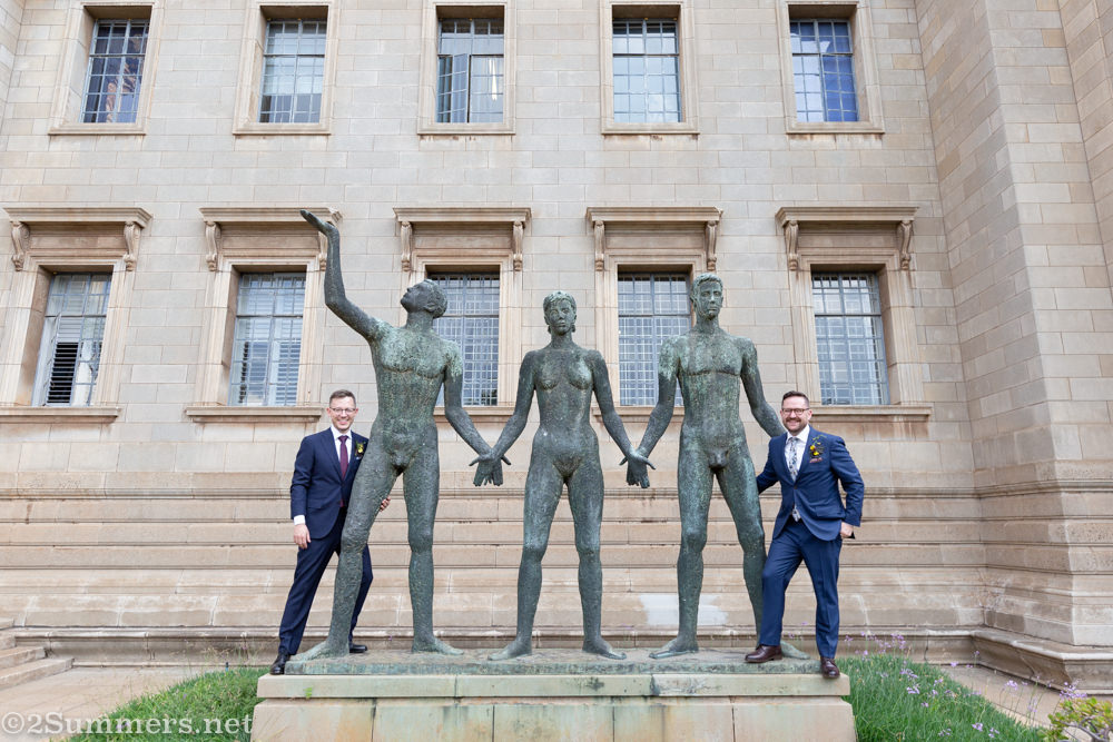Thomas and Guy with public art at Wits.