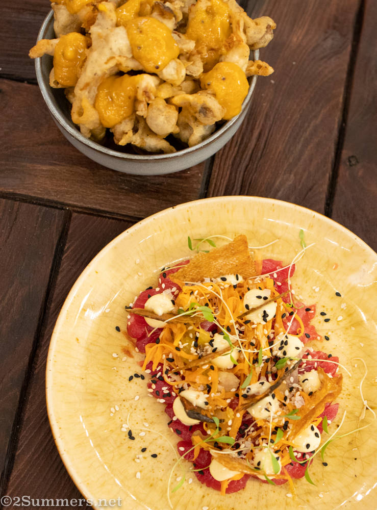 Mushroom tempura and trout sashimi from Urbanologi