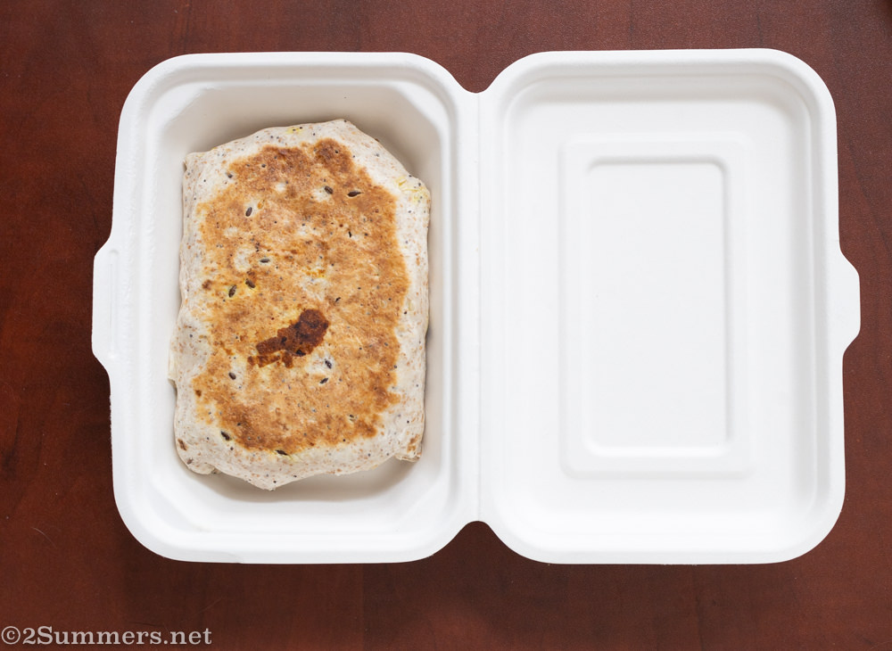 Vegan mac-and-cheese burrito from the Fussy Vegan.