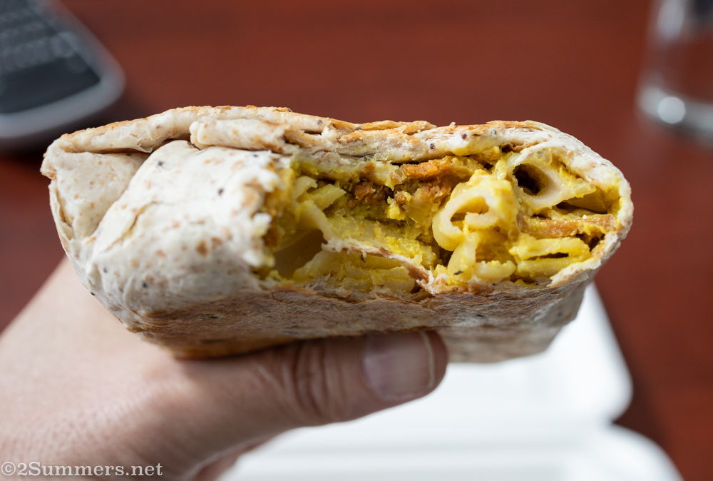Mac-and-cheese burrito from the Fussy Vegan.