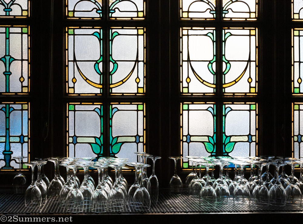 Stained glass windows in the Rand Club bar