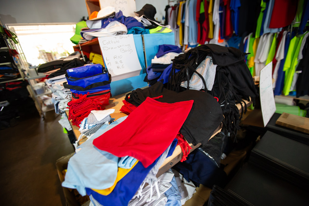 Drawstring bags made from t-shirts.