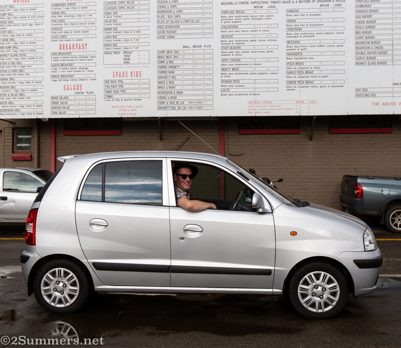Thosten in the car at the Fireplace Roadhouse