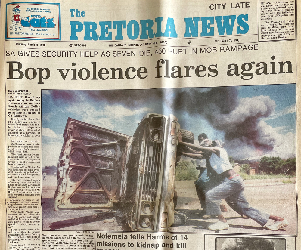 News paper clipping from Pretoria News – BOP violence
