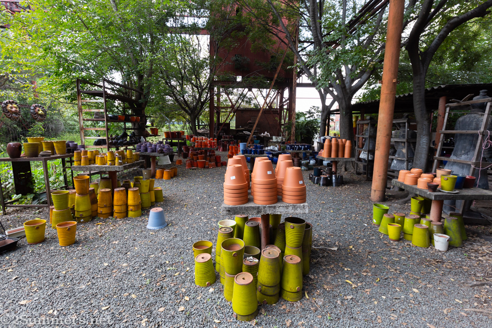 Yard filled with pots at Liebermann Pottery