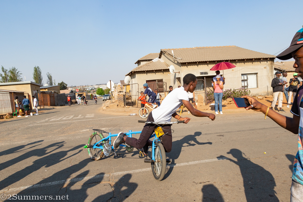 A cyclist spinning in Dlamini, Soweto