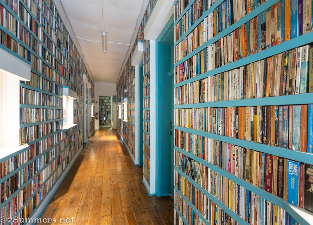 Book-lined hallway at the Royal Hotel