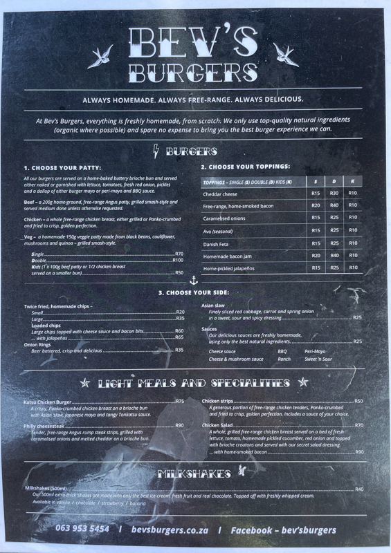 Bev’s burger menu