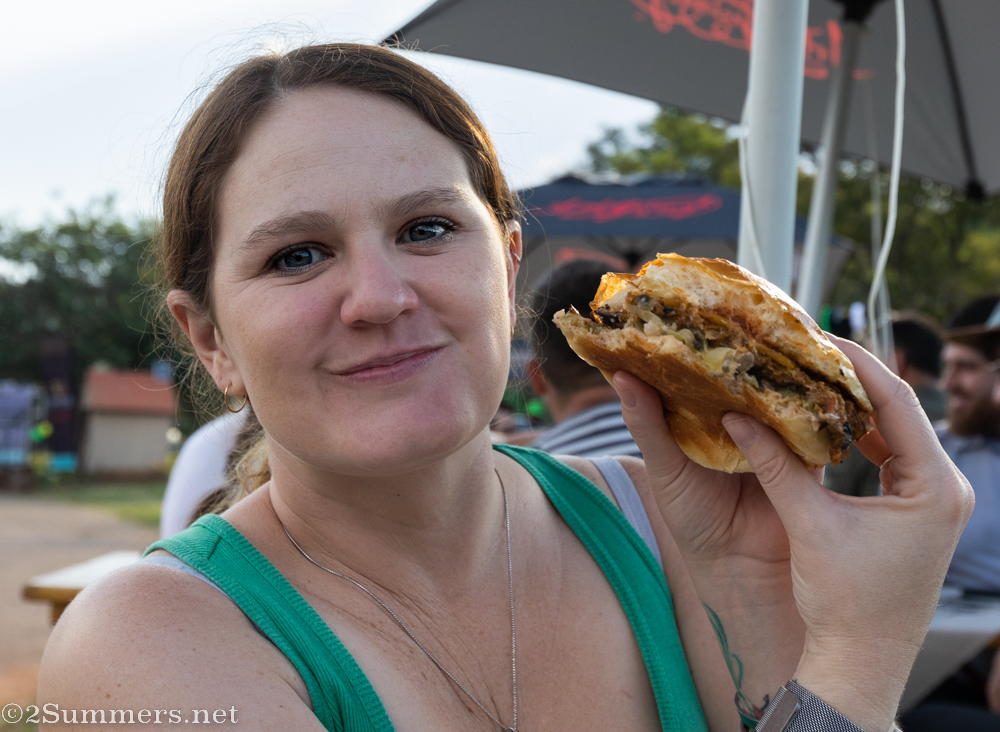 Julia eating a veggie burger