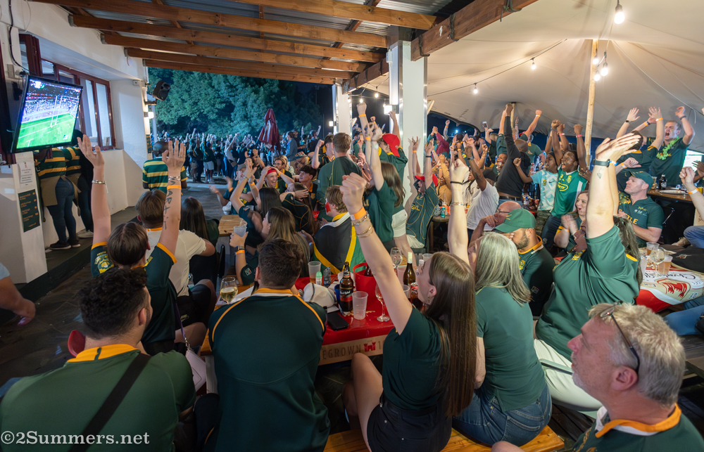 South African fans cheering on the Springboks at the Pirates Rugby Club in Joburg