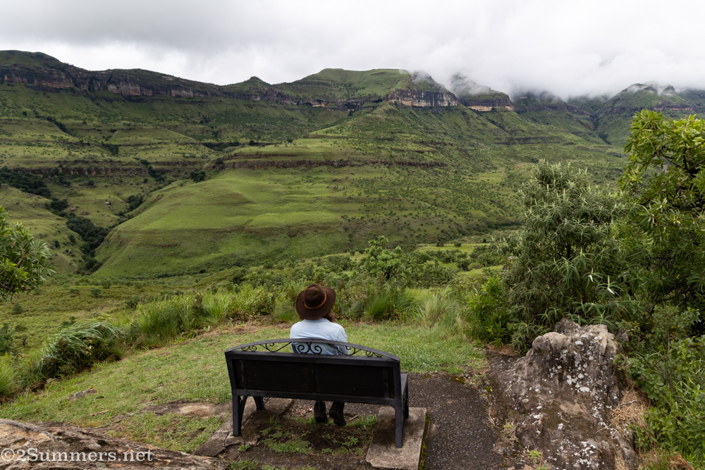 Heather looking out at the Drakensberg from Thendele